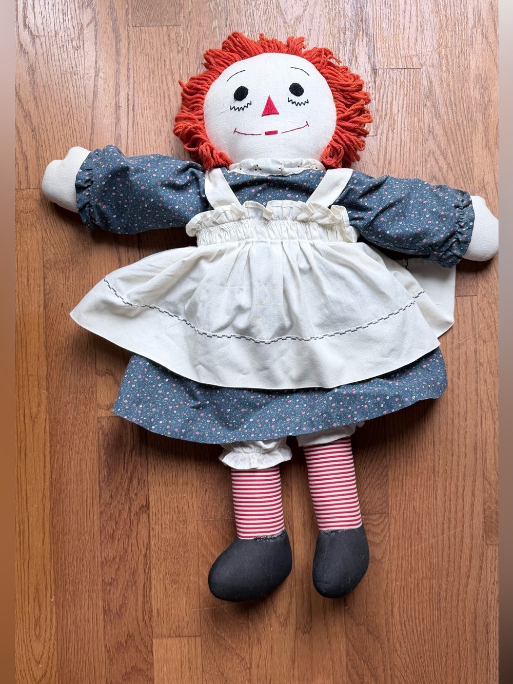 vintage Raggedy Ann cloth doll, likely from the 1970s, featuring red yarn hair